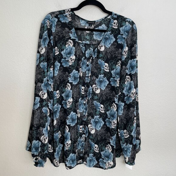 Torrid Womens Plus 3X Floral Skull Print Blouse Long Sleeve Shirt Top V Neck - Picture 1 of 10